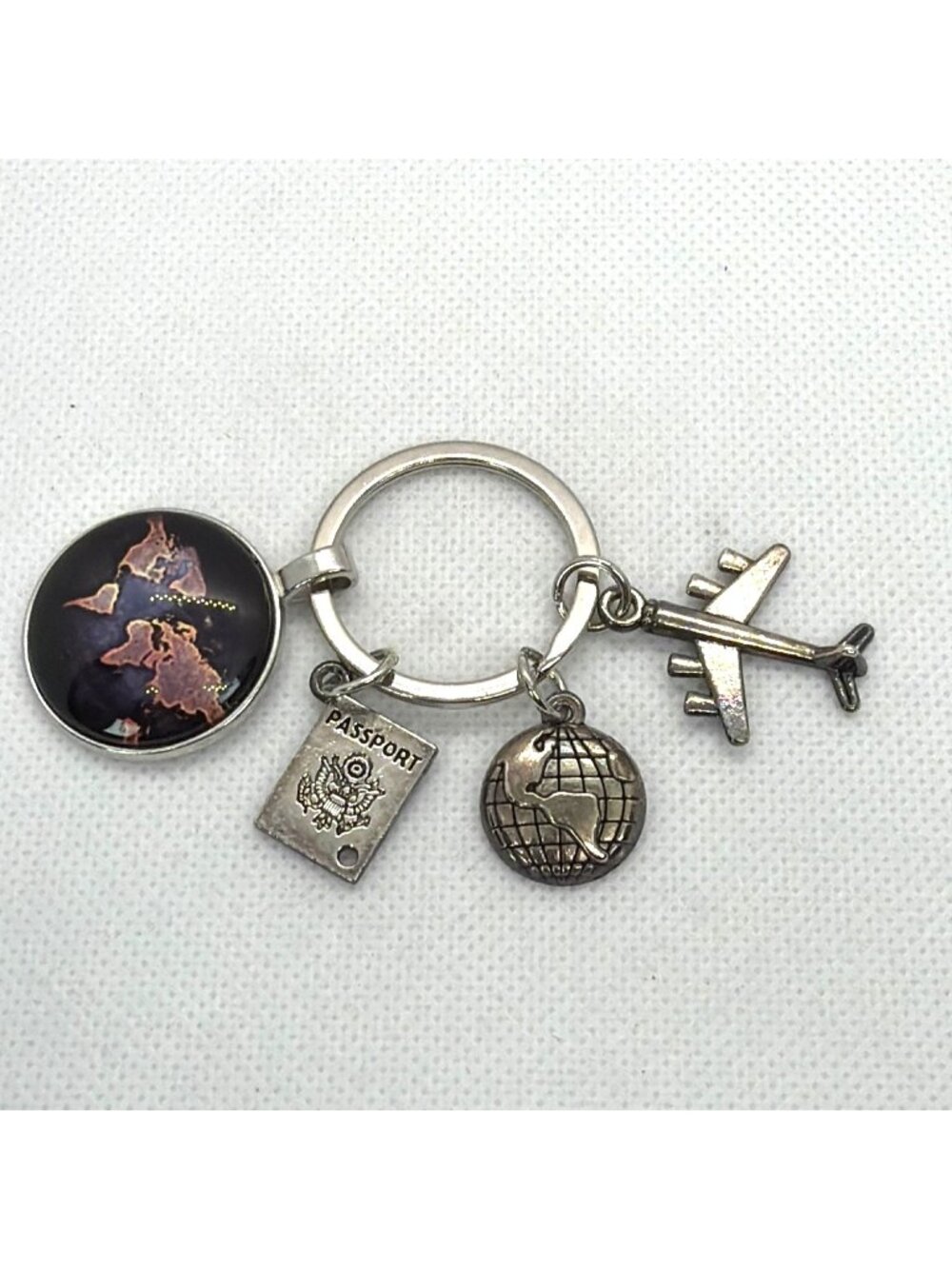 Traveler Keychain World Map Globe Airplane Passport Pilot Flight Attendant Gift